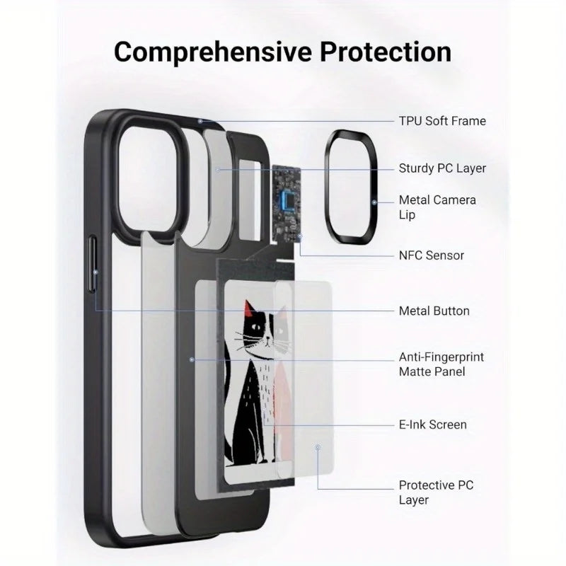 HD 1080P Inkplay E-Ink Screen Phone Case, DIY Wireless NFC Photo Display Smart Phone Case, Custom Phone Protective Case, Anti-Drop Water-Resistant Ink Phone Case Compatible with Iphone 15 Pro Max,