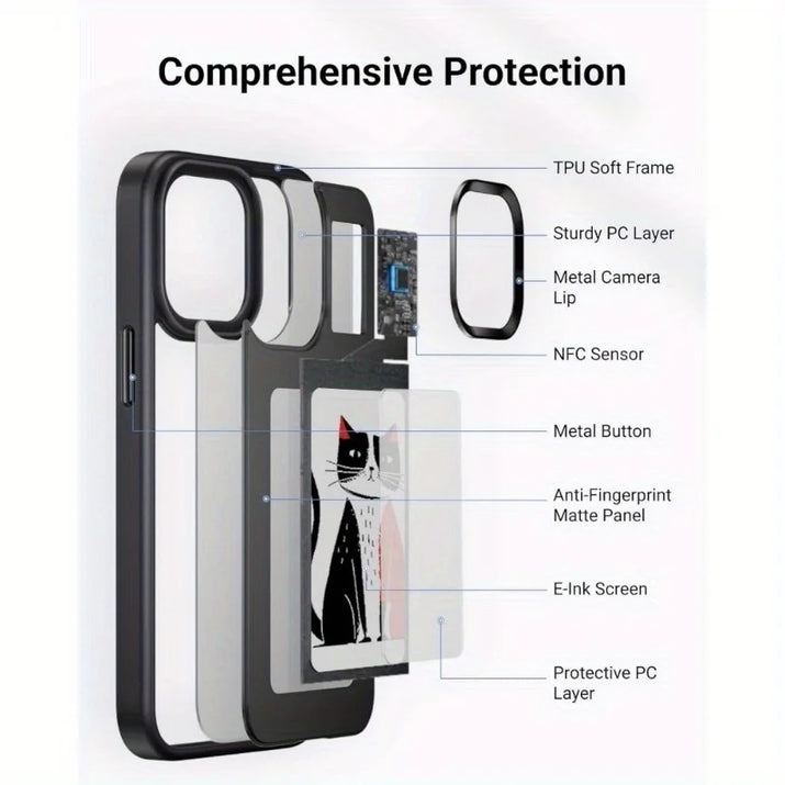 HD 1080P Inkplay E-Ink Screen Phone Case, DIY Wireless NFC Photo Display Smart Phone Case, Custom Phone Protective Case, Anti-Drop Water-Resistant Ink Phone Case Compatible with Iphone 15 Pro Max,
